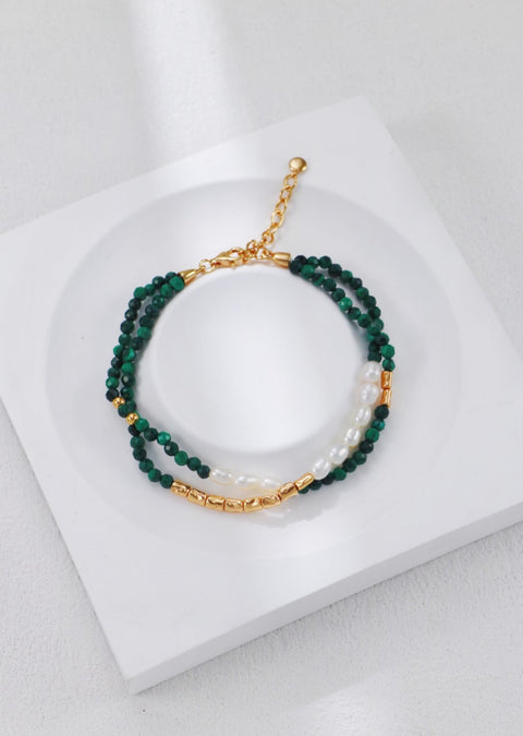 S925 Silver Vintage Gold Malachite Pearl Bracelet