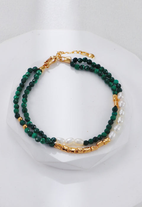 S925 Silver Vintage Gold Malachite Pearl Bracelet