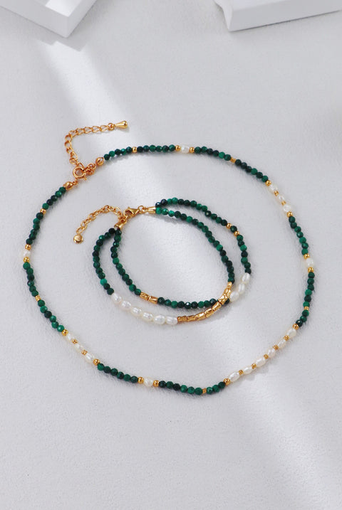 S925 Silver Vintage Gold Malachite Pearl Bracelet