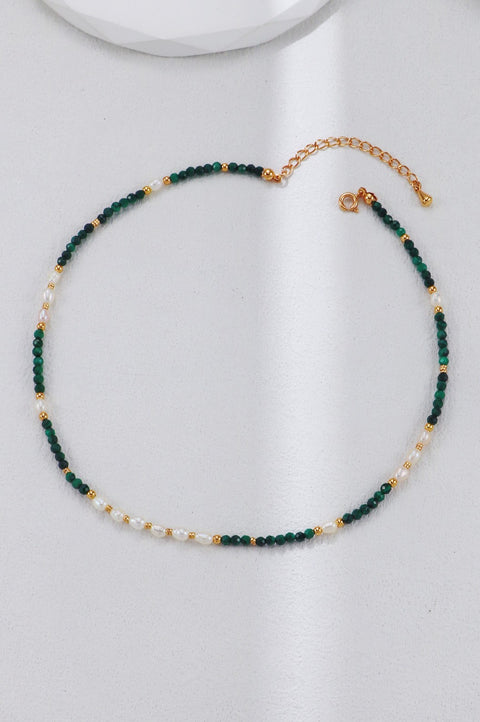 S925 Silver Gold Malachite Pearl Necklace