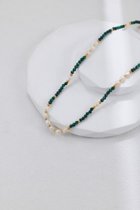 S925 Silver Gold Malachite Pearl Necklace