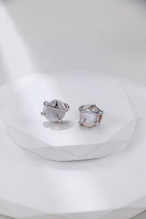 Silver Caged Pearl Stud Earrings