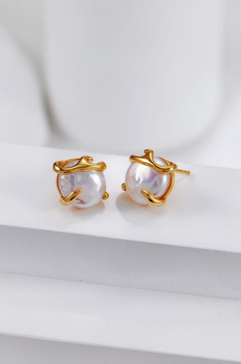 Gold Plated Caged Pearl Stud Earrings