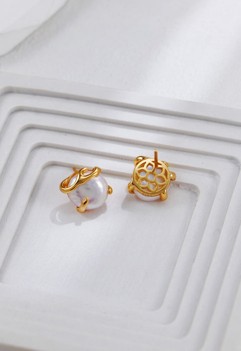 Gold Plated Caged Pearl Stud Earrings