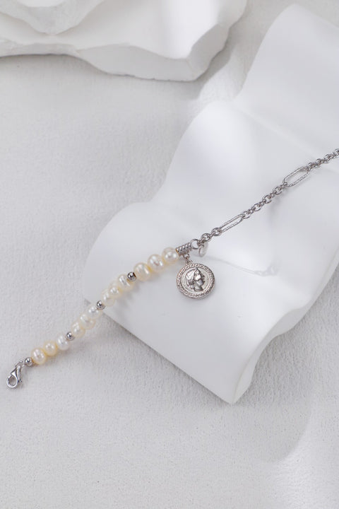 Silver Link Chain & Pearls Chain with Polished Medal Bracelet