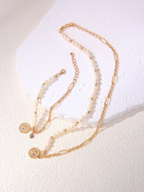 Gold Plated Link Chain & Pearls Chain with Polished Medal Necklace