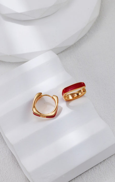 Gold Plated Red Drip Glaze Chubby Hoop Earrings