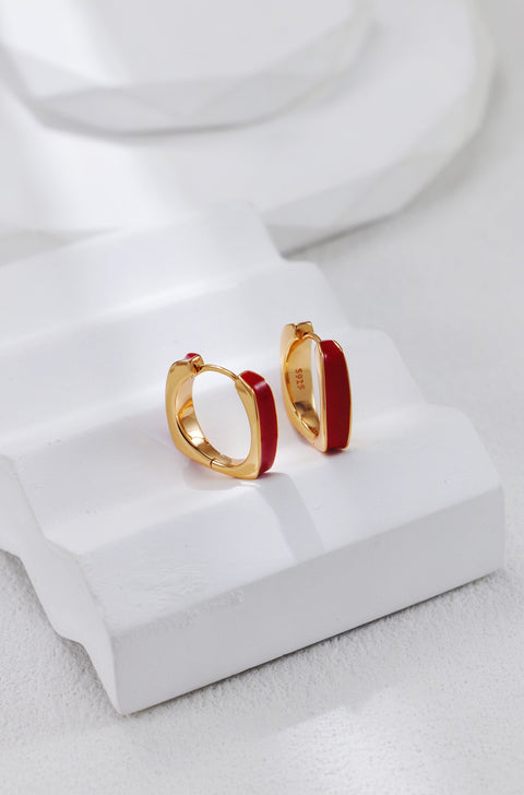 Gold Plated Red Drip Glaze Chubby Hoop Earrings