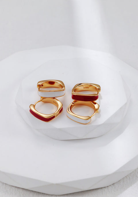 Gold Plated Red Drip Glaze Chubby Hoop Earrings