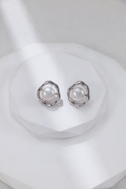 Silver Organically Shaped Oval & Pearl Stud Earrings