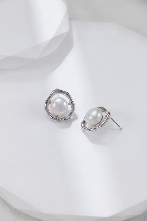 Silver Organically Shaped Oval & Pearl Stud Earrings