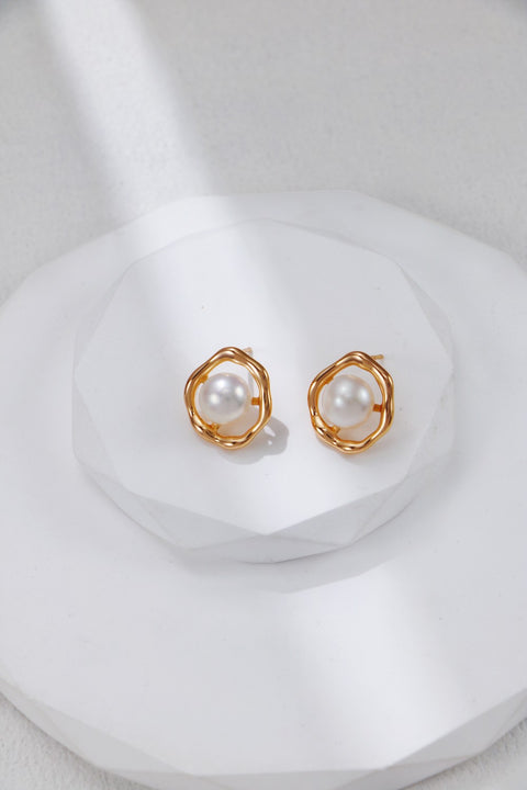 Gold Plated Organically Shaped Oval & Pearl Stud Earrings