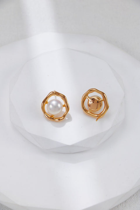 Gold Plated Organically Shaped Oval & Pearl Stud Earrings