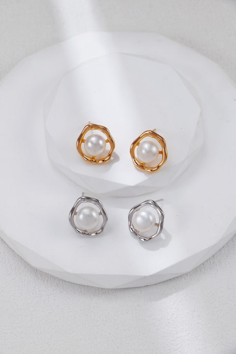 Gold Plated Organically Shaped Oval & Pearl Stud Earrings