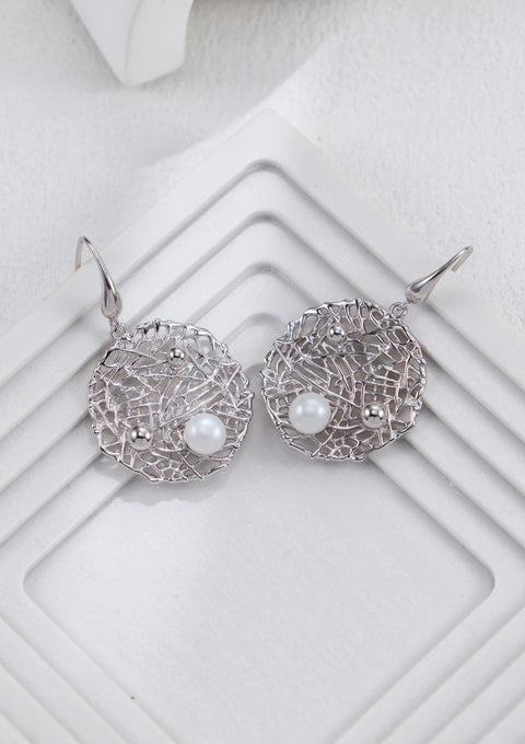 Silver Circular Braided Mesh Pearls Earrings