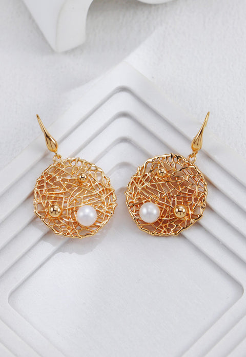 Gold Plated Circular Braided Mesh Pearls Earrings