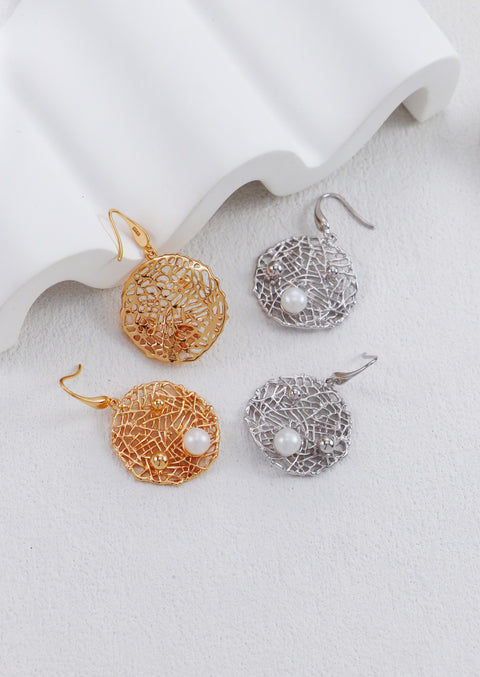 Gold Plated Circular Braided Mesh Pearls Earrings