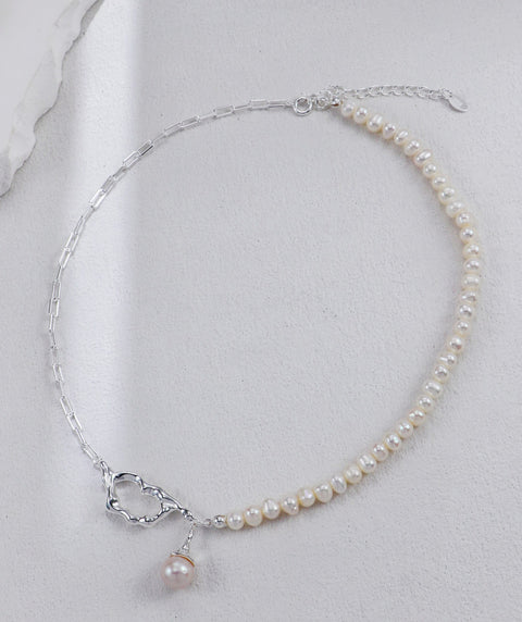 Half Silver Chain Open Heart & Pearl Drop Necklace