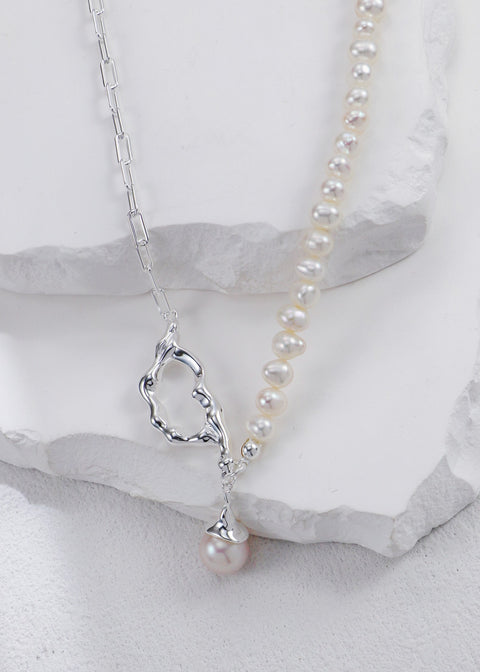 Half Silver Chain Open Heart & Pearl Drop Necklace