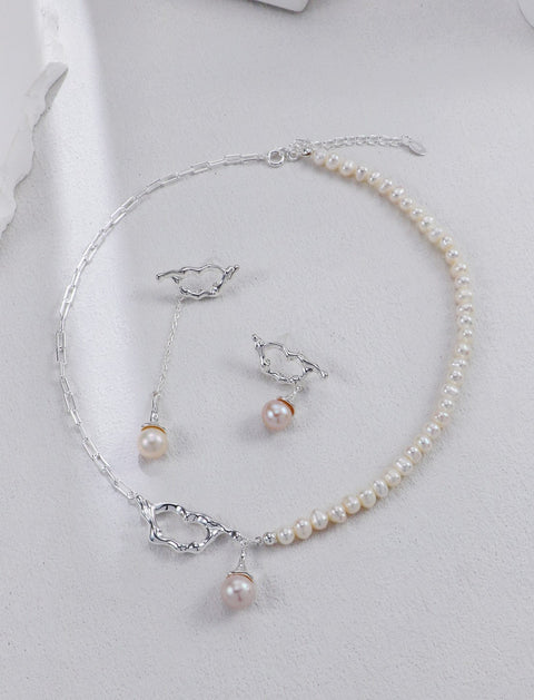 Half Silver Chain Open Heart & Pearl Drop Necklace