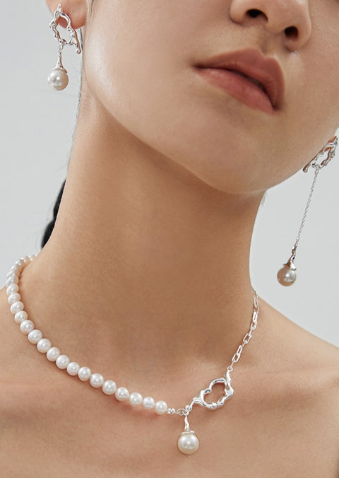 Half Silver Chain Open Heart & Pearl Drop Necklace