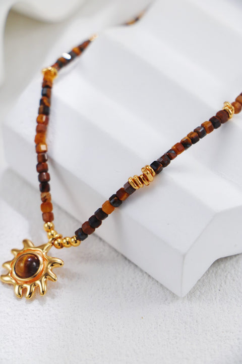 Gold Plated Tiger‘s Eye Sun Pendent Necklace