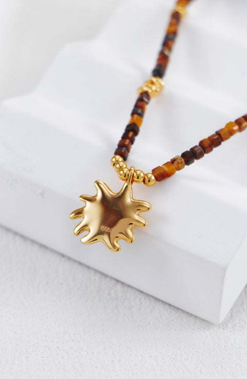 Gold Plated Tiger‘s Eye Sun Pendent Necklace